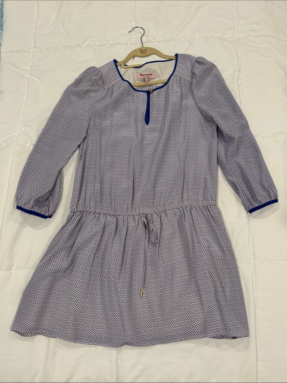 Juicy Couture Blue and White 100% Silk Dress with Drawstring Waist size Medium